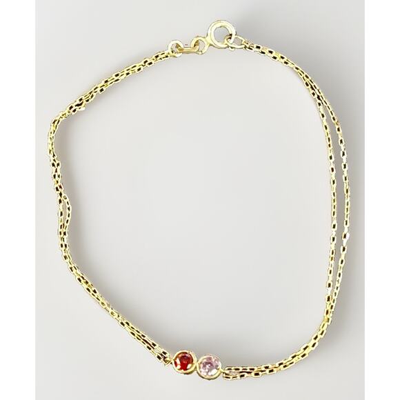 14K Gold over Sterling 2 Stone Dainty Chain Bracelet- Ruby Pink Stone Bezel Set - Picture 1 of 13